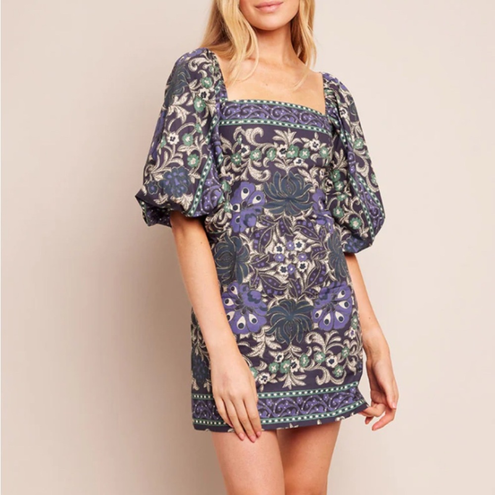 Cara Cara Blue and Purple Puff Sleeve Mini Dress